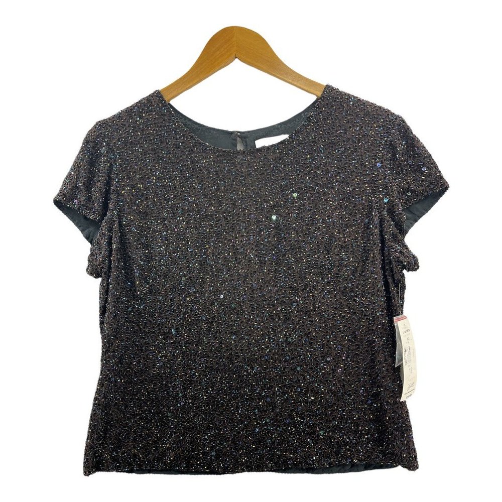 Peter Nygard Womens Silk Blouse Black Cap Sleeve Lined Sequins Beaded 12 New